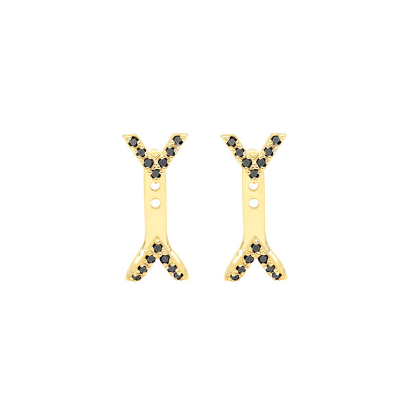Black Diamond Dagger Studs with Ear Jackets | Yellow Gold