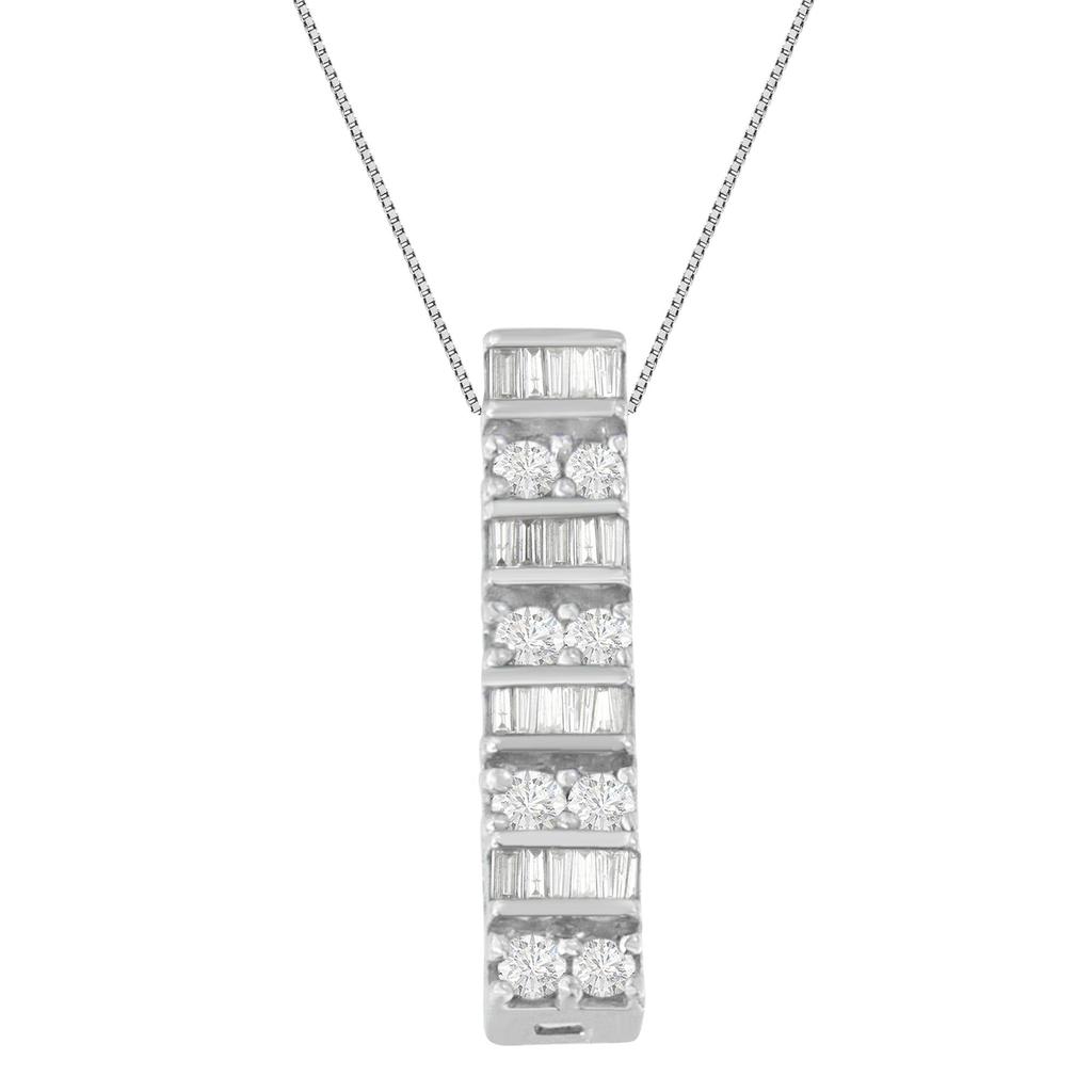 14K White Gold Round and Baguette Cut Diamond Pendant Necklace (5/8 cttw, H-I Color, I1-I2 Clarity)