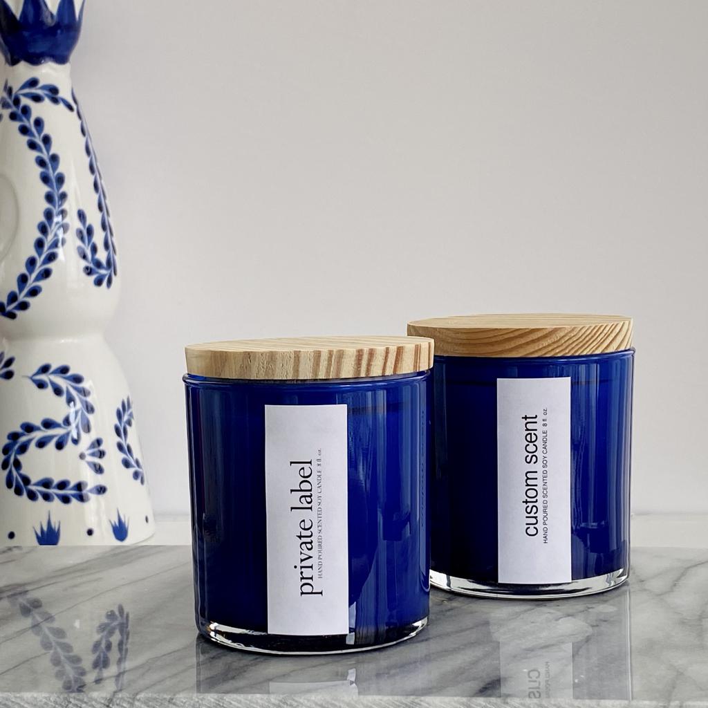 Private Label Custom Scented Candles Cobalt Blue Glass Wood Lid 