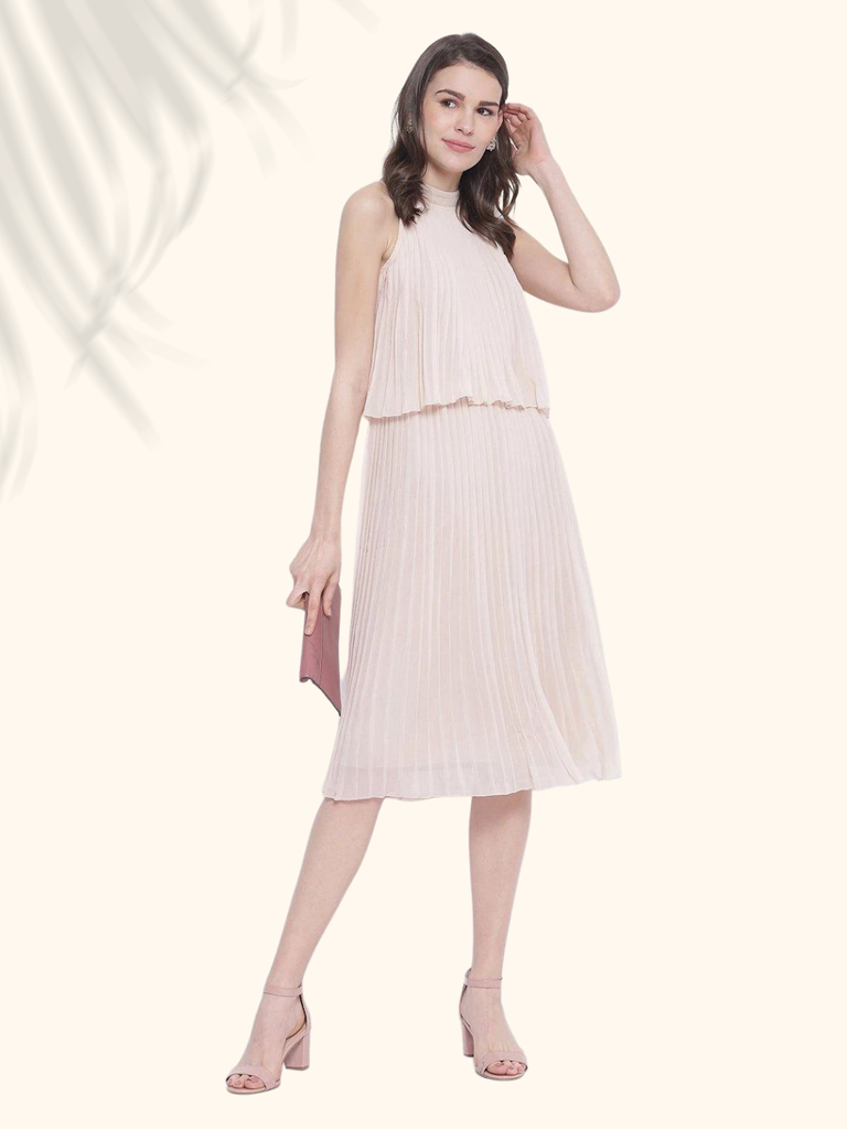 Cream Pleated Short Dress
