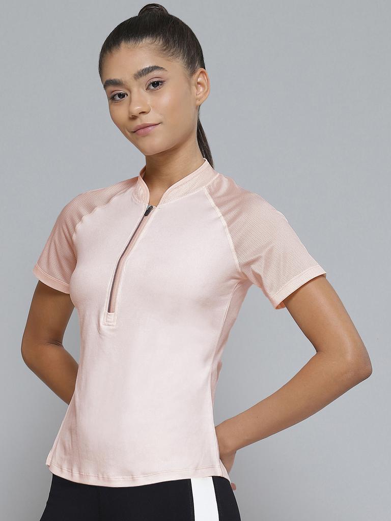 Women Pink Collar Raglan Sleeves T-shirt