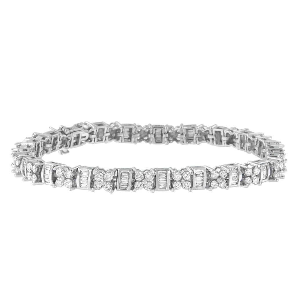 14K White Gold Round and Baguette Cut Floral Link Diamond Bracelet (4.00 cttw, H-I Color, SI2-I1 Clarity)
