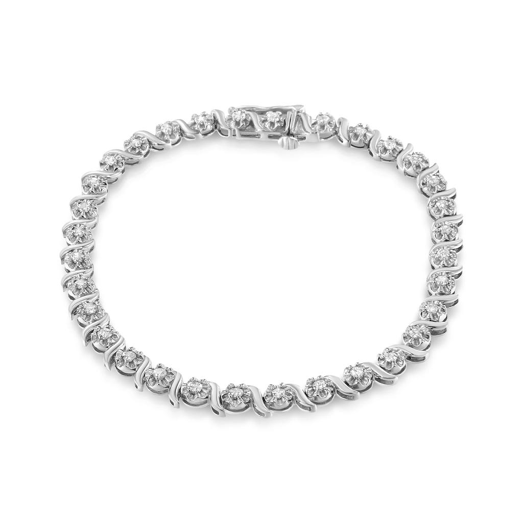 .925 Sterling Silver 1.0 Cttw Diamond Spiral Wave Curved-Link 7" Tennis Bracelet (I-J Color, I3 Clarity)