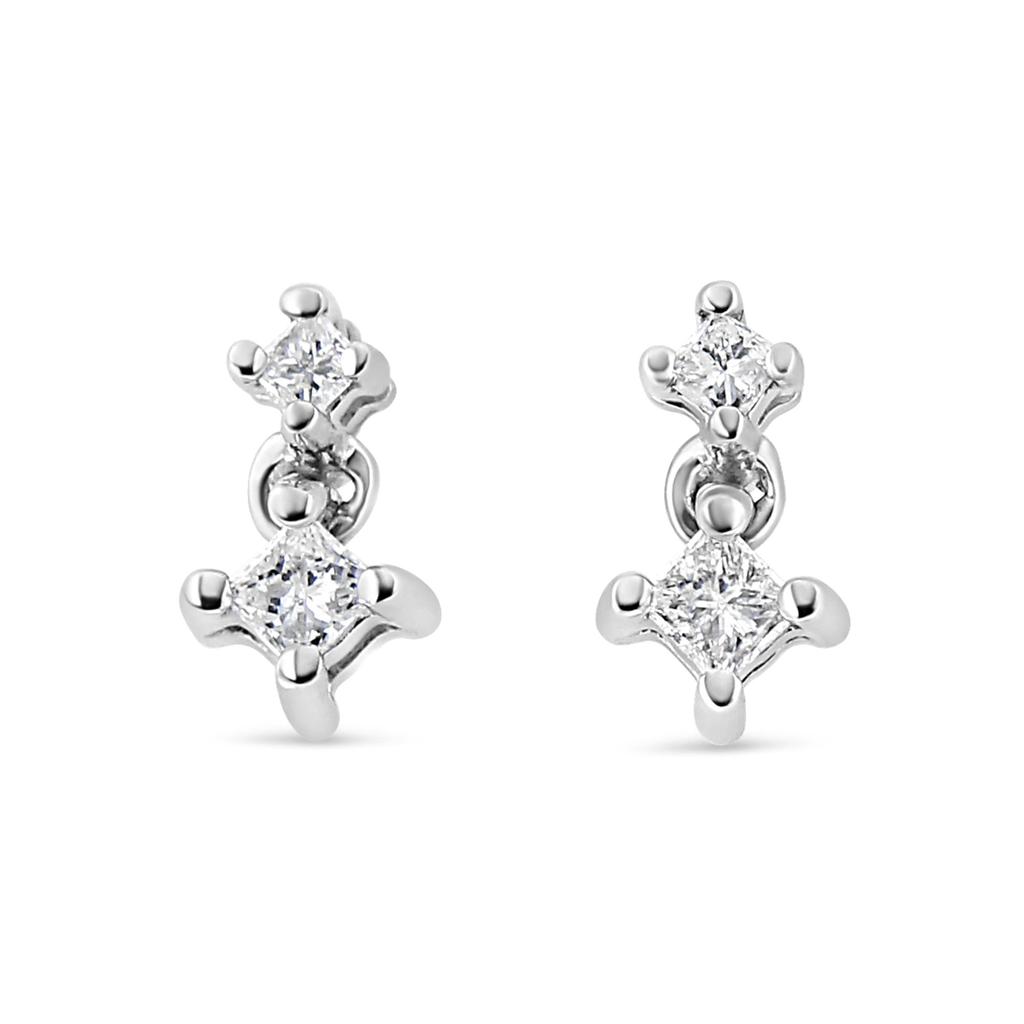 14K White Gold 1/4 Cttw 4 Prong Set Princess-Cut Double Diamond Drop and Dangle Stud Earrings (I-J Color, I2-I3 Clarity)