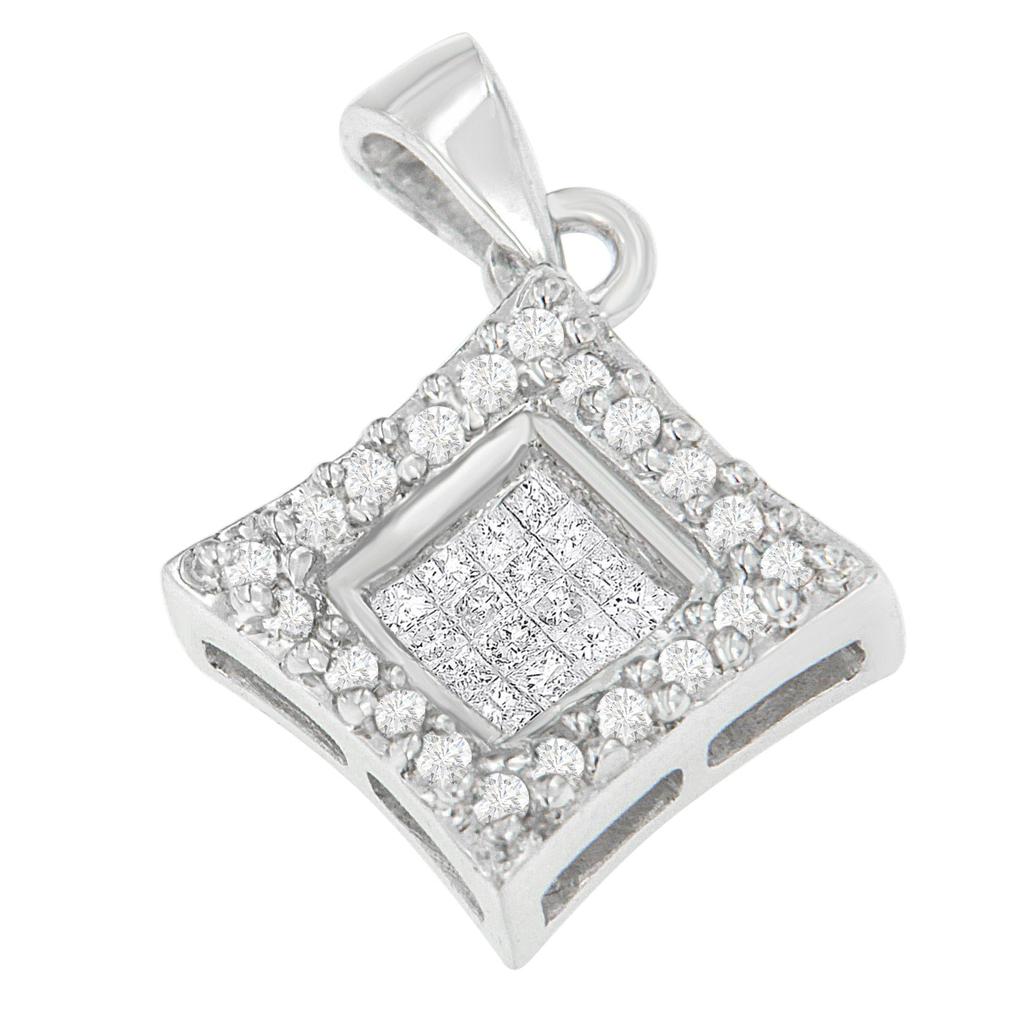 14K White Gold Round and Princess Cut Diamond Pendant Necklace (1/5 cttw, H-I Color, SI1-SI2 Clarity)
