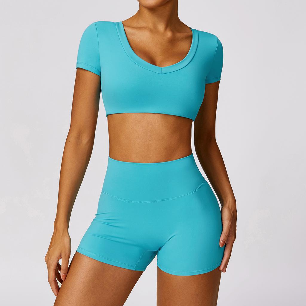 Brushed Yoga Suit Sexy Outer Wear Tight Exercise Suit Quick Dry Running Fitness Short Sleeve Top Shorts Set