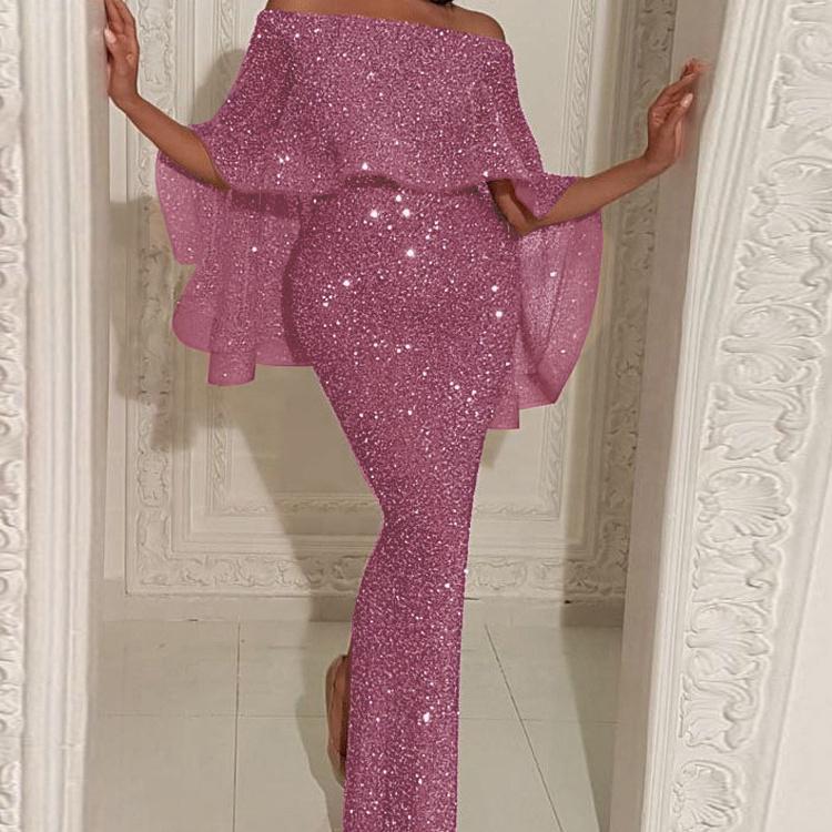 2022 Bling Glitter Elegant Party Evening Maxi Dress  Bodycon Sexy Women Summer Off Shoulder Ruffles Solid Long Dresses