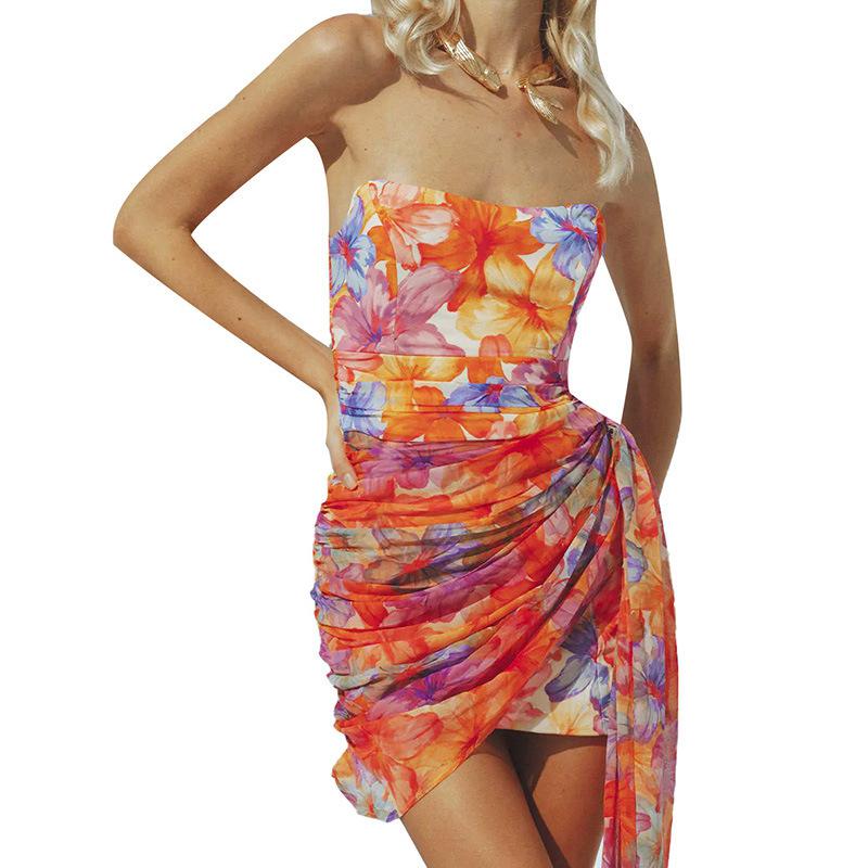 European and American holiday style hot girl short skirt strapless floral printed tube slimming mini dress
