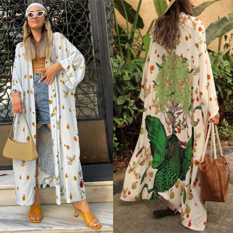 2022 new arrival fashion women kimono with belt polyester printed one size casual boho styles holidays long kimono cover