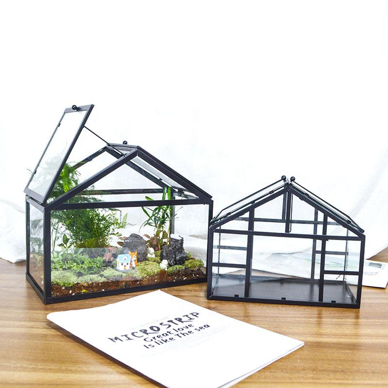 small villa hotel window display box decoration Glass Terrarium Handmade House Shape Geometric Glass Container with Swing Lid