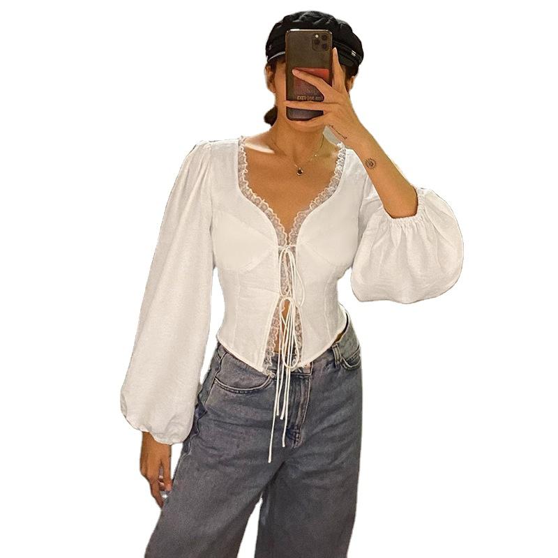 fashion women lace bandage blouse long sleeve v-neck tight waist sexy white shirts