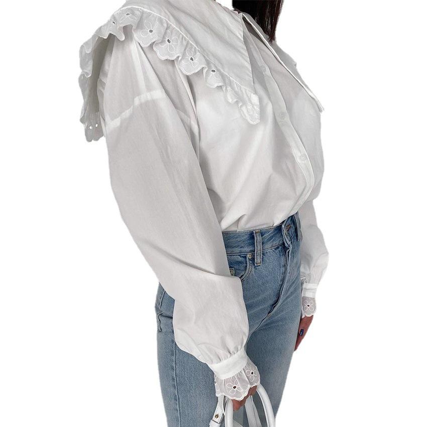Autumn clothing women shirt long sleeve navy collar lace splicing elegant white blouse shirts