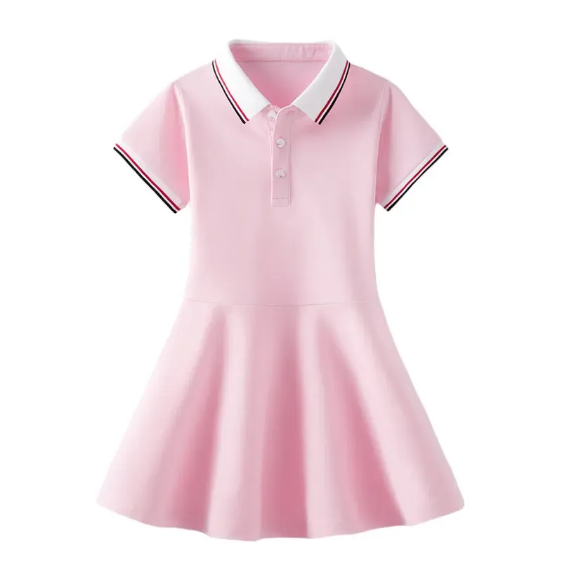 Embroidered Kids Summer Polo Dress with Striped Cuff & Collar