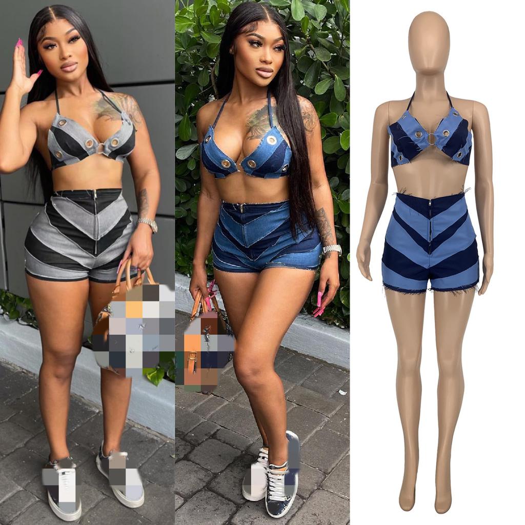 10122 New Summer Fashion Patchwork Sleeveless Crop Tank Tops And Shorts Pants 2 Piece Set Bodycon Casual Outfits Women