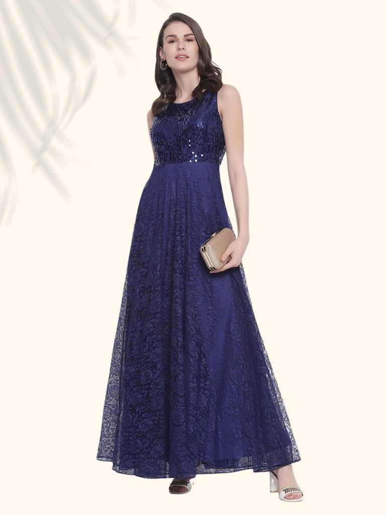 Blue Sleeveless Embellished Gown