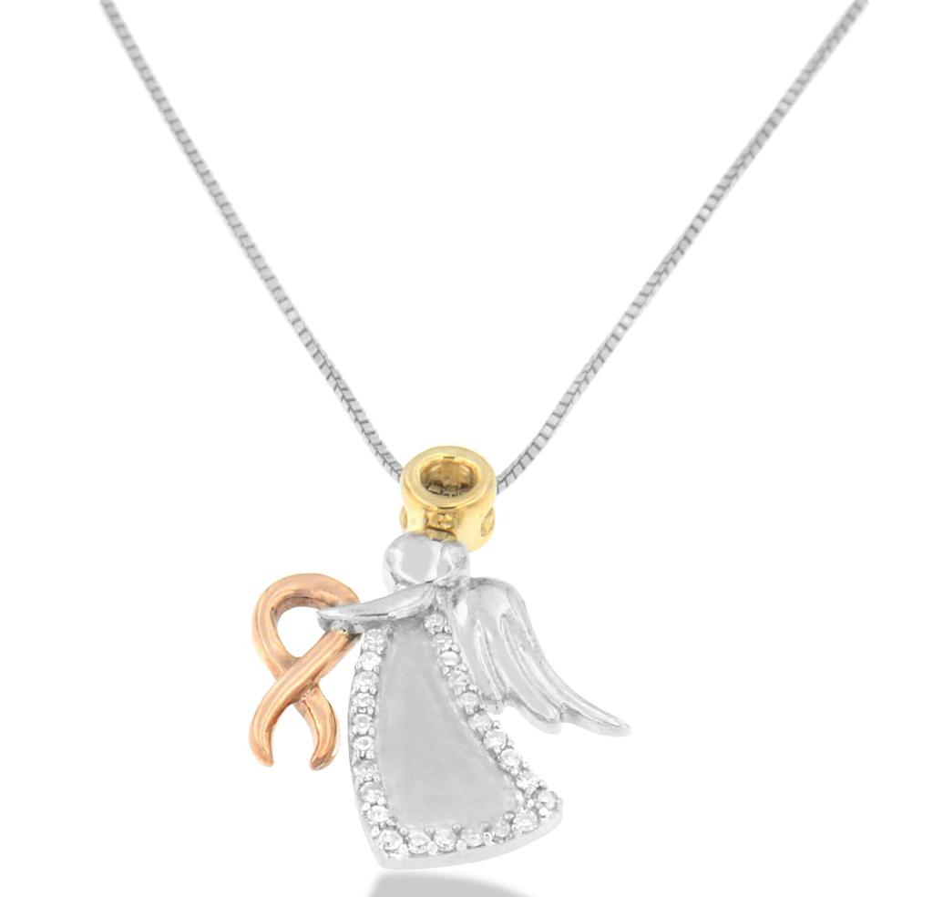 10K Tri-Color Gold Diamond-Accented Angel Awareness Ribbon Pendant Necklace (H-I Color, I1-I2 Clarity)