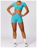 Brushed Yoga Suit Sexy Outer Wear Tight Exercise Suit Quick Dry Running Fitness Short Sleeve Top Shorts Set