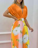 Two Sets  Printed Bat Sleeve Top and  Wide Leg Trousers 