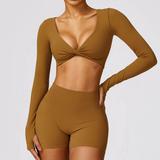 Brushed Yoga Suit Sexy Outer Wear Tight Exercise Suit Quick Dry Running Fitness Long Sleeve Top Shorts Set