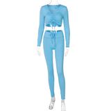 Women's Long Sleeve Ruched Crop Top With Matching Leggings Set 