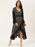 Black Stripe Print Wrap Dress