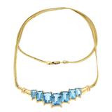 14K Yellow Gold 10.0 Cttw Emerald-Cut Blue Topaz 7-Gemstone Chevron Fashion Pendant Necklace on 18" Herringbone Chain