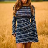 Striped Bell Sleeve Backless Dress