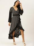 Black Stripe Print Wrap Dress
