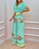 Two Sets  Printed Bat Sleeve Top and  Wide Leg Trousers 