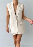 Deep V neck Cotton Linen Vest And Skirt Sets