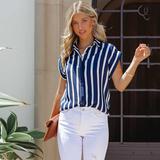 summer European and American striped lapel cardigan single breasted casual loose fashion tops blouses for women new model shirt