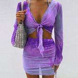 New women's set for 2021 Printed Mesh Tie Up Top+Skirt Matching Sets Flare Long Sleeve 2 piece set women