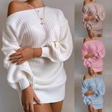 High Quality Women Winter Clothing Fashion Off Shoulder Bubble Sleeve Loose Pullover Warm Knit Long Sweaters Women