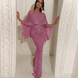 2022 Bling Glitter Elegant Party Evening Maxi Dress  Bodycon Sexy Women Summer Off Shoulder Ruffles Solid Long Dresses