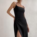 2023 Summer square neck sleeveless halter black dress side slit slim party dress