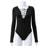 2023 Leotard Manufacturer Sexy cross tie line Solid Long Sleeve Bodysuit  Lingerie Body Suits Breathable  Swimsuit Spandex