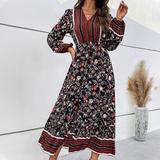 2022 fashion fall clothing women bohemia printing long bubble sleeve v-neck slit hem ladies long dresses
