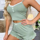Lace Button Bow Detail Ruffle Hem PJ Set Women camisoles 2 Piece solid summer sleepwear