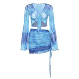 New women's set for 2021 Printed Mesh Tie Up Top+Skirt Matching Sets Flare Long Sleeve 2 piece set women