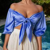 woman clothing sexy  Ladies' Blouse bow tie front v-neck crop top half sleeve ladies tops