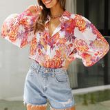 Summer Lady Classy Clothes Sexy Tops Bubble Sleeve Chiffon Blouse Single Breasted Top Fashion Floral Designs Casual for Women