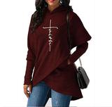 Women Pullover Tops Solid Long Sleeve Pocket Drawstring Faith Women Plus Size Hoodies Sweatshirts