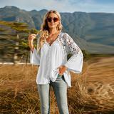 Women's long sleeve plain V pullover hotsale blouse summer chiffon blouse shirt