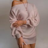 High Quality Women Winter Clothing Fashion Off Shoulder Bubble Sleeve Loose Pullover Warm Knit Long Sweaters Women
