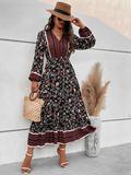 2022 fashion fall clothing women bohemia printing long bubble sleeve v-neck slit hem ladies long dresses