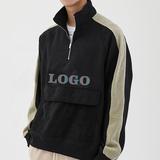 custom high quality patchwork winter hoodies streetwear zip fly pocket 100% cotton men pullover neck reflective hoodie