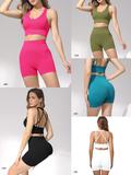 Stylish 2 Piece Scrunch Booty Seamless Biker Shorts With Multiple Straps Padded Sports Bra Yoga Outfits Jogging Gym Clothes Set