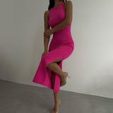 2023 Summer fashion women slim long dress crewneck sleeveless vest sexy slit knit dress