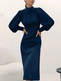 fashion design muslim women midi dress long bubble sleeve high neck tie fitting satin fishtail dresses