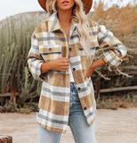 Autumn Winter 2021 Woolen Plaid Shirt Front Pocket Woolen Coat Long Sleeve Coat For Women